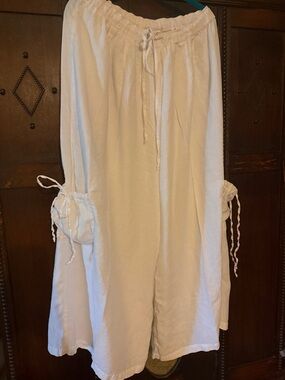 White Linen Wide-Leg Drawstring Pants - LA FIXSUN USA - Sz M